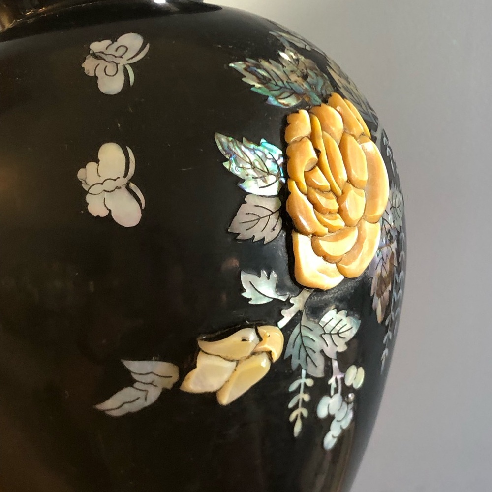 Vintage Pair of Korean Najeonchilgi Mother of Pearl Lacquerware Vases